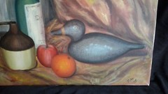 Vintage Oil Painting Fruit decoy duck Still Life Signed TOBY 73 American Realism