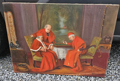 Antique Oil canvas painting cardinals playing Board game interior religious