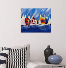 Sailboat Oil Painting Original Impasto Nautical Regatta Harbor Wall Art