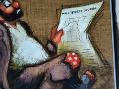 Signed Nancy M. Kurt Satiracal Clown Folk Art Painting Burlap Folk Art 32 X 36″