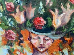 Original Oil Art 6×6” Portrait Woman Face Painting Floral Impasto Oil Painting