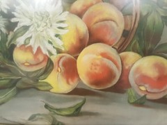Antique 1908 oil pastel painting peaches flowers framed signed Mary Brower