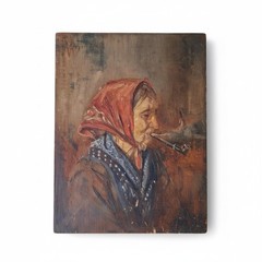 A. Bryan Wall Oil Painting Portrait Old Woman Smoking Pipe Wood Panel Pittsburgh