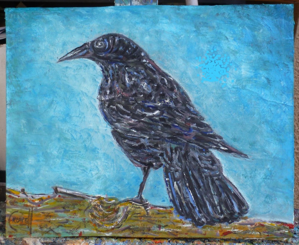 THE CAW CAW CROW bird 8×10 oil painting Card Panel original art signed Crowell