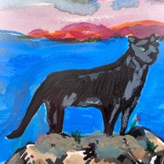 Barbara Grandis Signed Panther Landscape Watercolor & Gouache on Paper
