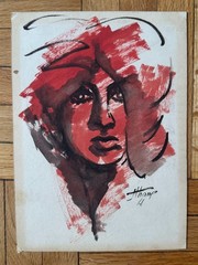 Vintage 1970s Abstract Watercolor Painting Red Black Portrait Woman 7 x 9.5