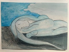 Picasso Pablo Original Painting Figure Nude Art Woman Reclining Blue Signed X22