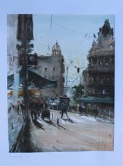 ORIGINAL PAINTING WATERCOLOR BRNO CITY SCAPE STREETS CAR URBAN MODERN 26″x 22″in