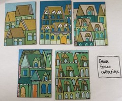 ACEO Miniature Modern Original Acrylic Painting Signed Stylized Houses Art