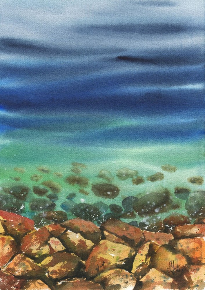 Seascape – Original 11.7 x 16.5″ Watercolor Painting with Waves and Clouds