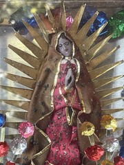 Mexican Folk Art Fabulous Virgin Of Guadalupe Tin & Glass Shrine From Oaxaca