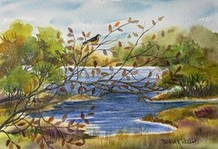 7X10” Original Watercolor Pamela Wilhelm Leafy River Pool Gold Finch Autumn