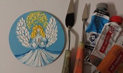 Praying Angel Art Mini Round Canvas 4×4 inch Impasto oil painting Original Art