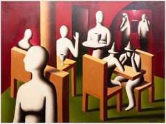 Listed Artist Mark Kostabi (b. 1960) Signed Oil Painting „Restaurant“ c.1982