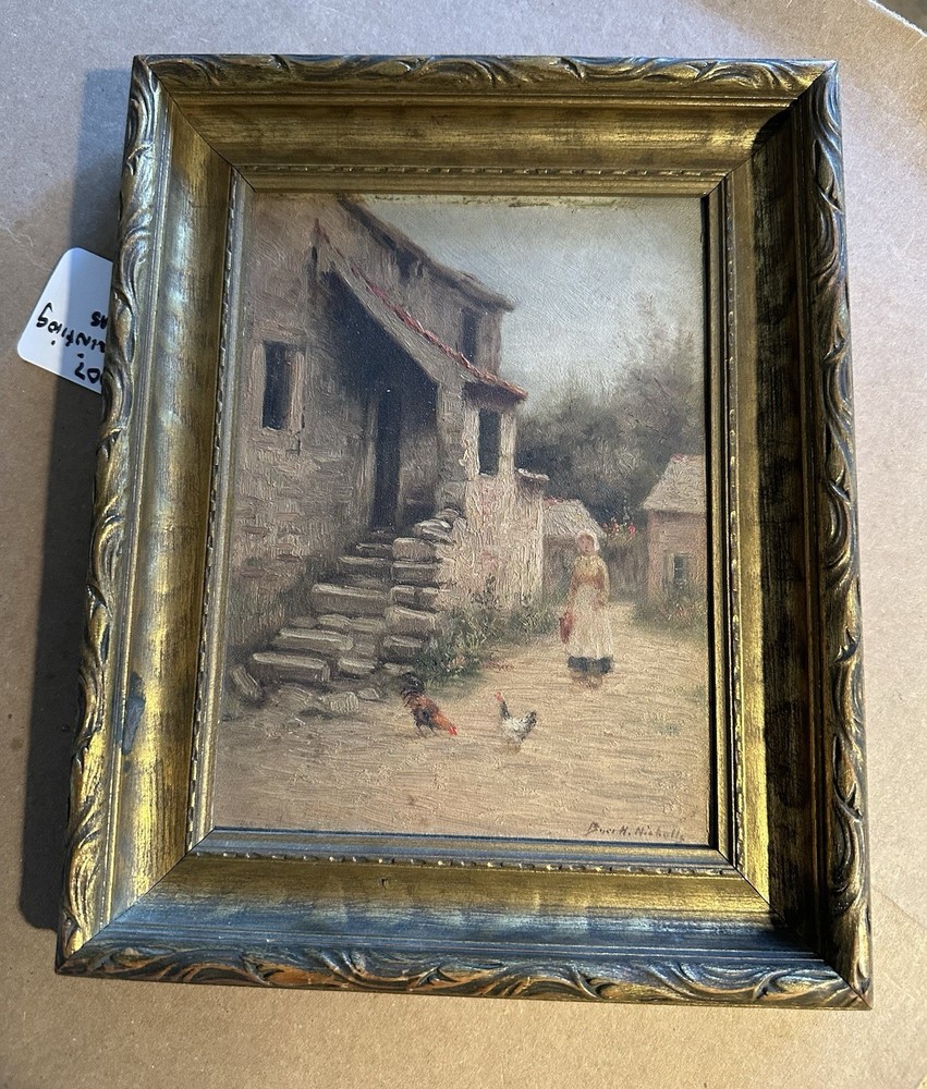 Burr H Nicholls Oil On Board French Farmhouse Painting Old Frame Gallery Label