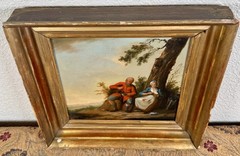 Antique Landscape Oil Painting Man Woman Peasants Wine Dutch Old Master 17th C.