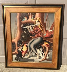 Vintage Japanese French Foussa Itaya 1919-1972 Girl Flute Animals Oil Painting