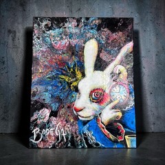 Original White Rabbit Painting Acrylic/Fluid Art Bodega Pop Art