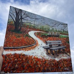 New York City Central Battery Park Bench in Fall Oil Painting OOAK Sign❤️gsc10m6