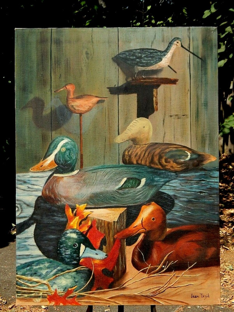 Duck Decoy Carvings, Original Oil Painting by Jean Tyzil. 22 x 30 Excellent Cond