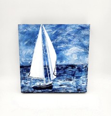 Original Sailboat Acrylic Painting Ocean Seascape Art 12×12 Cradled Wood Panel