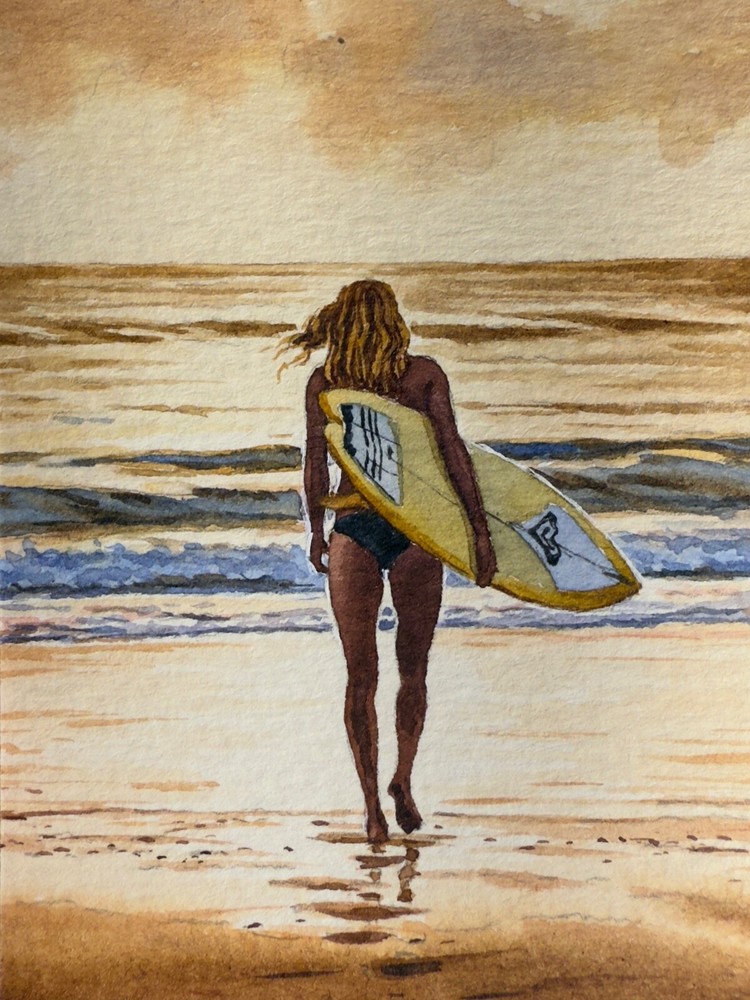 Watercolor Painting Ocean Surfer Surfing Board Sport Sunset Beach ACEO No.219