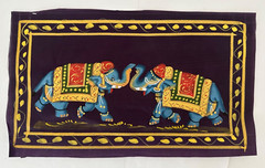 INDIA ELEPHANTS PAINTING ON PURPLE SILK 13 X 7 1/2 INCHES IN PLASTIC SHEET
