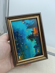 Romantic Girl Original Oil Painting 4×6 Framed Signed City Night Balcony Art