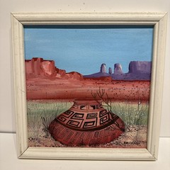 JIMMIE YAZZIE Original Oil Board Painting Signed/Framed ~ Pueblo Pot In Valley