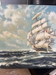 Large Vintage Oil Painting Sailing Ship in Rough Seas Signed Nautical