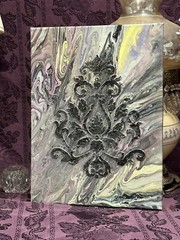 Hand painted Paint Pour 12 x 16 Pink White Gray Purple Black Wall Hanging Art