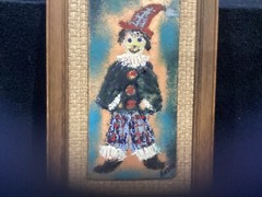 Vintage Anore Clown Painted Tile in Frame, 28cm x 18cm