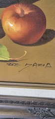 Vintage Oil Painting Still Life Fruit, Wine Copper Bowl Framed Brown Background