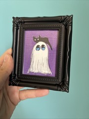 Print Of My Art Ghost And Black Cat,Halloween ,miniature Painting,small, framed