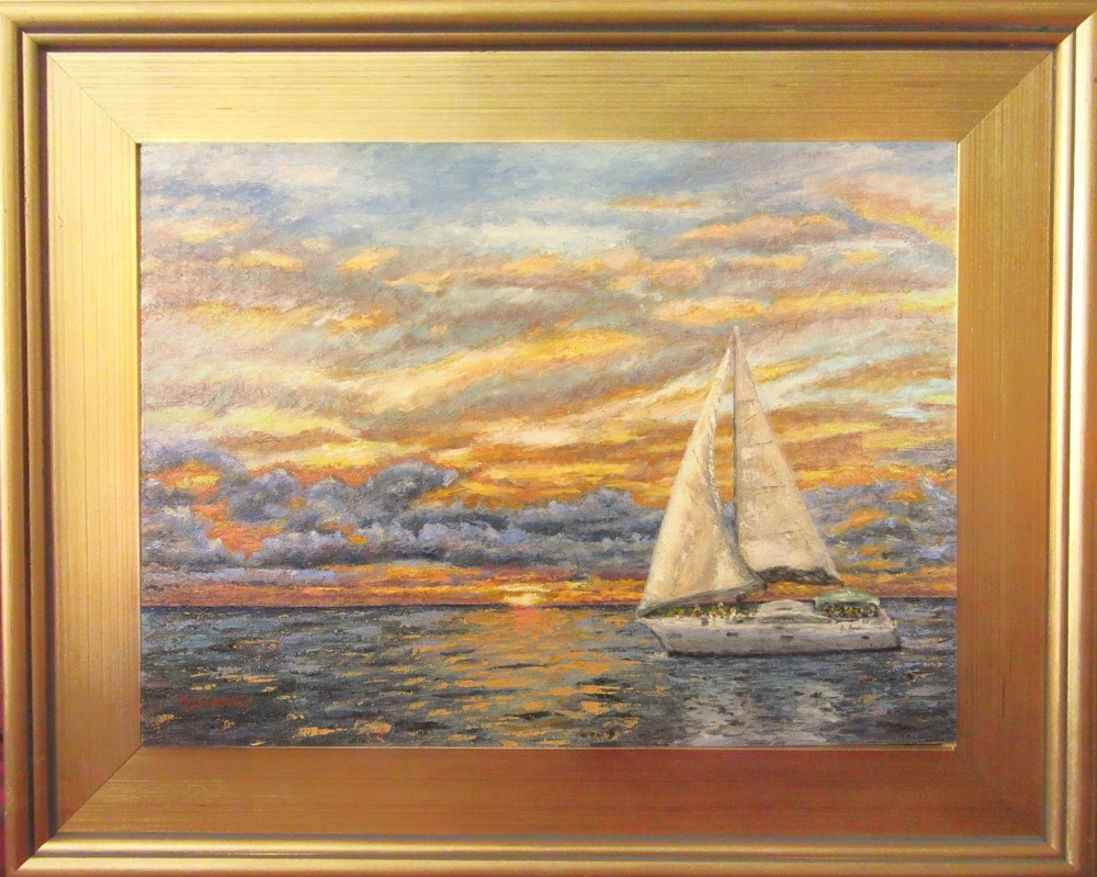 Signed Original Painting Impressionism Sunset Sky Yacht Seascape Art Handmade