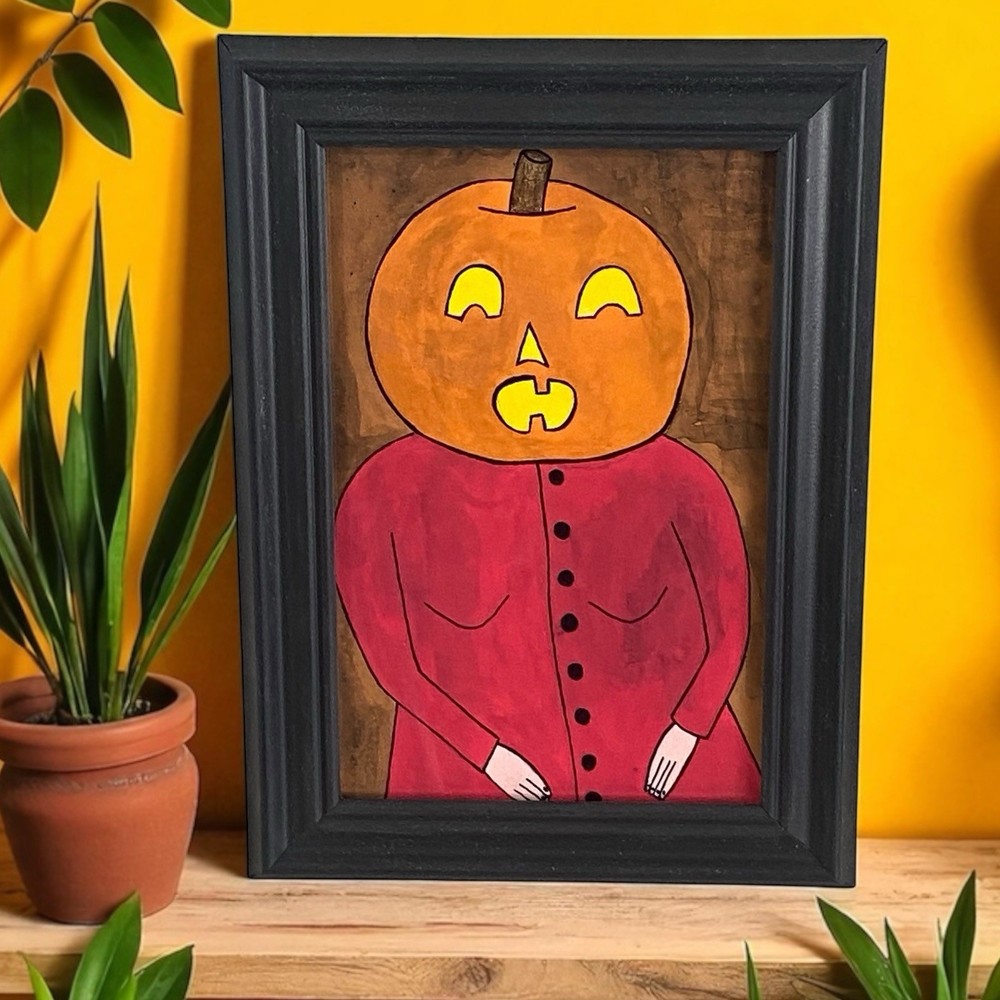 Original Painting Pumpkin Girl Jack O’lantern #2 framed Dark art Ooak Halloween
