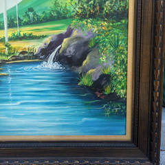 Vintage Cuban Folk Art Landscape Painting Tropical River Palm Trees Acrylic/Boar