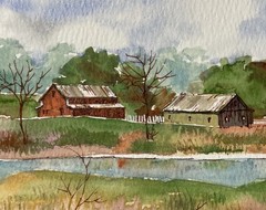 4X6” Pamela Wilhelm Original Watercolor With Barn Farm Shed Trees On Pond