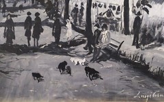 Large Original Black and White Oil Painting Italian Village Landscape Figures