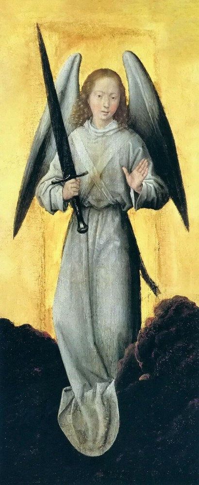 Oil painting hans memling – angel with a sword young people figures hand painted