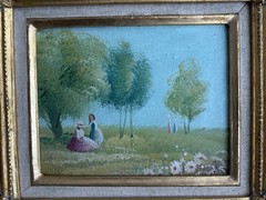 VTG Framed Oil Painting Lady by Flower Garden Scene Ornate Gold Gilt Frame 14″