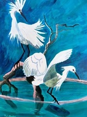 Vintage American Landscape Art Painting Egrets Herons Cranes Birds Mel Stauffer
