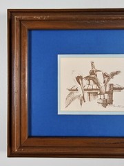 Vintage Original Signed Santorini ? Woodcut Etching 13×11 Framed Mid Century Art