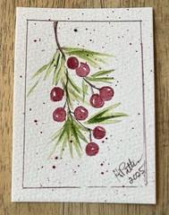 Winter Watercolor Berries! Original Signed ACEO Watercolor and Pen/Ink 3.5×2.5”