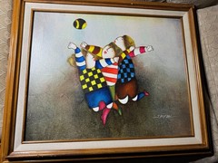 Joyce Roybal (b1955) „Children Playing Rugby Scene“ Oil Painting – Signed/Framed