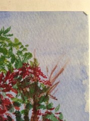 Original Painting Tree Red Green Brown Fence Blue Sky Strathmore Watercolor