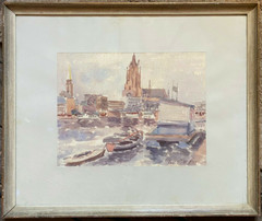 Watercolor Signed E.J.MÜHLENHOF Iron Footbridge and Frankfurt Imperial Cathedral