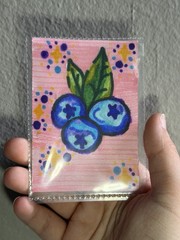Original ACEO Blueberries Art OOAK Artist Trading Card Mixed Media Cute Floral