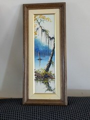 2001 Signed Augusto 01 Original oil painting Lake Landscape 4.5″x16″ Or 11x40cm