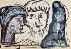 1950s Watercolor Pietà Abstract Religious Heads Embrace Modernist Israel Listed!